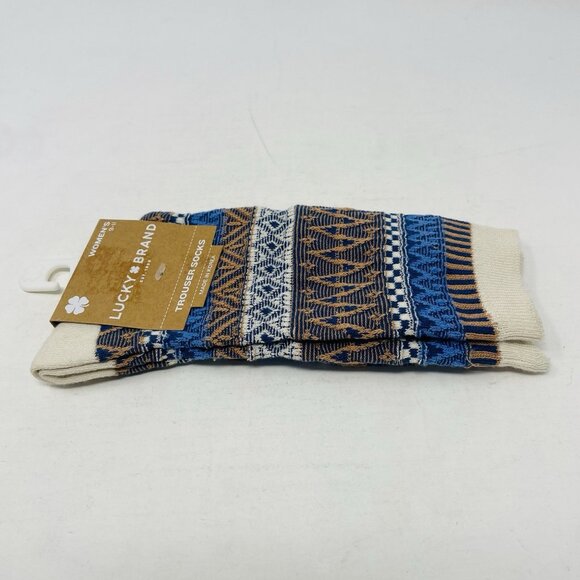 Lucky Brand Womens Size 9-11 Jacquard Pyramid Hi Crew Trouser Socks Ivory/Blue - Picture 4 of 6